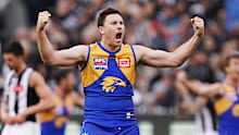 Jeremy McGovern erupts with joy as the West Coast Eagles win the 2018 AFL grand final.