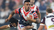 LAS VEGAS, NEVADA - MARCH 02: Spencer Leniu of the Roosters rusn the ball during the round one NRL match between Sydney Roosters and Brisbane Broncos at Allegiant Stadium, on March 02, 2024, in Las Vegas, Nevada. (Photo by Ezra Shaw/Getty Images)