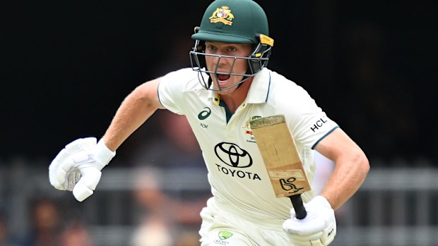 Nathan McSweeney bats during day one of the Third Test match in the series between Australia and India at The Gabba on December 14, 2024 in Brisbane, Australia. (Photo by Bradley Kanaris/Getty Images)