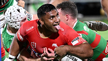 Tevita Pangai Junior celebrates a try against the Rabbitohs. 