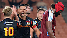 Anton Lienert-Brown of the Chiefs celebrates after scoring a try during the Super Rugby Pacific quarter-final match against the Reds.