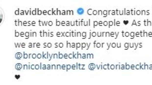 Brooklyn Beckham, Nicola Peltz, engaged, dad, David Beckham, congratulations, message