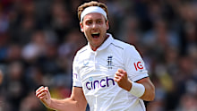 MANCHESTER, ENGLAND - JULY 19: Stuart Broad of England  celebrates after taking the wicket of Usman Khawaja of Australia during Day One of the LV= Insurance Ashes 4th Test Match between England and Australia at Emirates Old Trafford on July 19, 2023 in Manchester, England. (Photo by Alex Davidson/Getty Images)