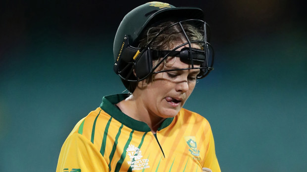 Dane Van Niekerk of South Africa looks dejected as she walks from the field after being dismissed during the ICC Women's T20 Cricket World Cup Semi Final match between Australia and South Africa at Sydney Cricket Ground on March 05, 2020 in Sydney, Australia. (Photo by Matt King-ICC/ICC via Getty Images)