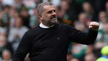 Celtic manager Ange Postecoglou celebrates their team's victory at full-time after the Cinch Scottish Premiership match between Celtic and Heart of Midlothian at Celtic Park on May 07, 2022 in Glasgow, Scotland. (Photo by Ian MacNicol/Getty Images)