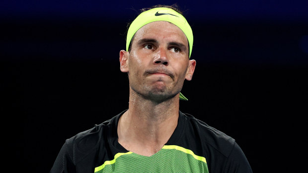 SYDNEY, AUSTRALIA - JANUARY 02: Rafael Nadal of Spain reacts in his group D match against Alex de Minaur of Australia during day five of the 2023 United Cup at Ken Rosewall Arena on January 02, 2023 in Sydney, Australia. (Photo by Brendon Thorne/Getty Images)