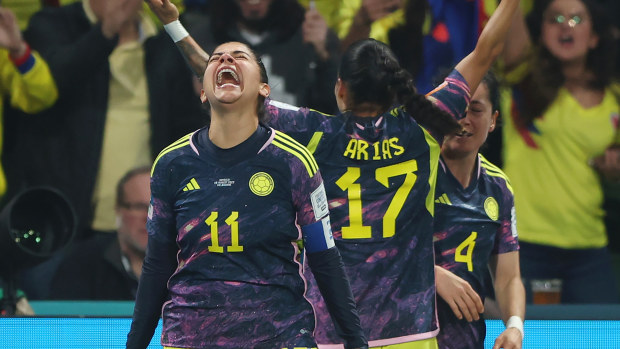 Catalina Usme celebrates after scoring the only goal of Colombia's round of 16 victory over Jamaica.