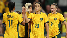 Samantha Kerr of Australia celebrates a goal during the AFC Women's Asian Olympic qualifier match between Australia and Chinese Taipei.