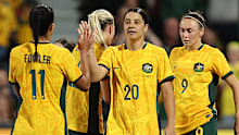 Samantha Kerr of Australia celebrates a goal during the AFC Women's Asian Olympic qualifier match between Australia and Chinese Taipei.