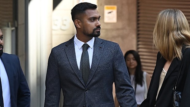 Sri Lankan cricketer Danushka Gunathilaka (centre) accused of sexually assaulting a woman in Sydney in November 2022, arrives at Downing Centre District Court to face a judge-alone trial. September 18, 2023. Photo: Kate Geraghty