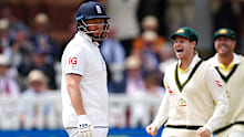 England's Jonny Bairstow (left) looks frustrated after being run out by Australia's Alex Carey (not pictured) as players celebrate during day five of the second Ashes test match at Lord's, London. Picture date: Sunday July 2, 2023. (Photo by Mike Egerton/PA Images via Getty Images)