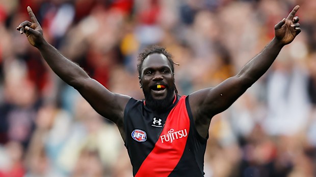 MELBOURNE, AUSTRALIA - MARCH 19: Anthony McDonald-Tipungwuti of the Bombers celebrates a goal during the 2023 AFL Round 01 match between the Hawthorn Hawks and the Essendon Bombers at the Melbourne Cricket Ground on March 19, 2023 in Melbourne, Australia. (Photo by Dylan Burns/AFL Photos)