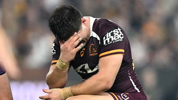 Ben Talty of the Brisbane Broncos reacts.