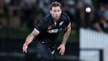Doug Bracewell of New Zealand  bowls during the third and final one-day international cricket match between the New Zealand and the Netherlands at Seddon Park on April 04, 2022 in Hamilton, New Zealand. (Photo by Fiona Goodall/Getty Images)