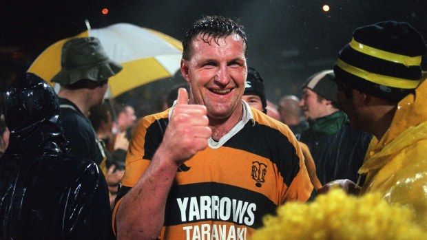 Taranaki lock Kevin Barrett celebrates a win against Waikato.