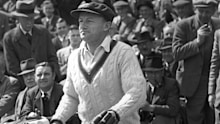 Captain of the Australian cricket team Don Bradman (1908 - 2001) on his last tour, going in to bat at Worcester, England. He averaged very nearly 100 runs throughout his career.   (Photo by Maeers/Getty Images)