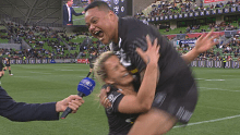Mele Hufanga couldn't help but celebrate with Apii Nicholls mid-interview. 
