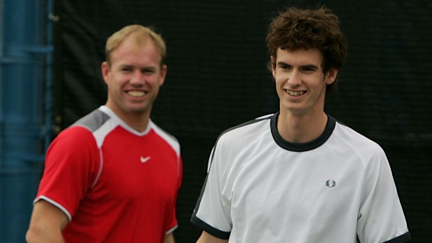 Andy Murray of Great Britain trains with his coach Mark Petchey in 2006.