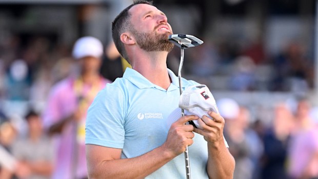 Wyndham Clark of the United States reacts to his winning putt at the US Open.