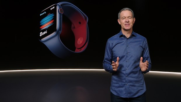 In this still image provided by Apple from the keynote video of a special event at Apple Park in Cupertino, California, Apple's Chief Operating Officer Jeff Williams unveils Apple Watch Series 6 on Tuesday, Sept. 15, 2020. 