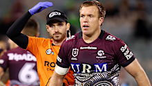 Jake Trbojevic of the Sea Eagles was knocked out against the Raiders.