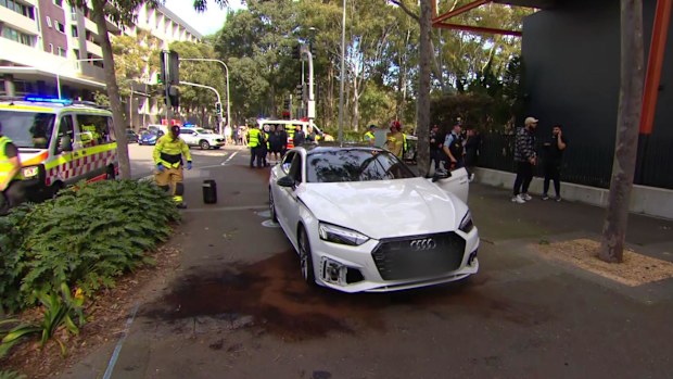 Two people have been rushed to hospital after being hit by a car outside a Sydney shopping centre.A 64-year-old man and a 34-year-old woman were treated for suspected spinal and head injuries after allegedly being hit by a white Audi in Zetland, in the city's south, about 11am.