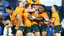 The Wallabies celebrate winning the Rugby Championship match.