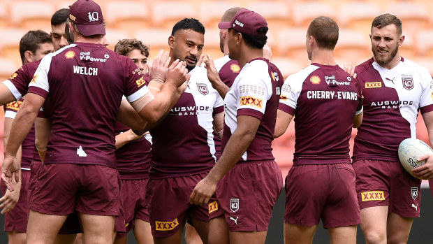 Queensland Maroons players at training.