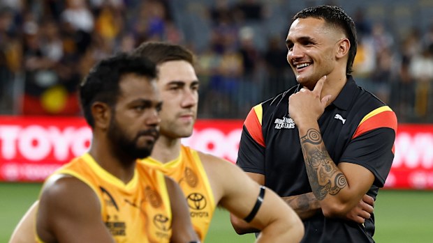 PERTH, AUSTRALIA - FEBRUARY 15: Jamarra Ugle-Hagan is seen during the 2025 Toyota AFL Indigenous All Stars match between the Indigenous All Stars and the Fremantle Dockers at Optus Stadium on February 15, 2025 in Perth, Australia. (Photo by Michael Willson/AFL Photos via Getty Images)