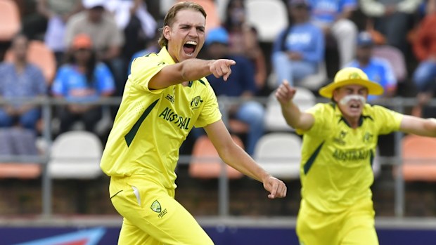 Mahli Beardman of Australia celebrates a wicket with his teammates during the U19 Men's World Cup.