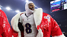 HOUSTON, TEXAS - DECEMBER 25: Derrick Henry #22 and Lamar Jackson #8 of the Baltimore Ravens walk off the field after the game naht at NRG Stadium on December 25, 2024 in Houston, Texas. (Photo by Alex Slitz/Getty Images)