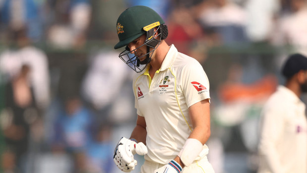 Pat Cummins after he was dismissed in the second innings in Delhi.