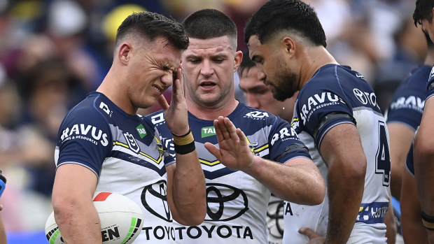 Scott Drinkwater of the Cowboys looks dejected after a Broncos try during the round 23 NRL match between North Queensland Cowboys and Brisbane Broncos at Qld Country Bank Stadium on August 05, 2023 in Townsville, Australia. (Photo by Ian Hitchcock/Getty Images)