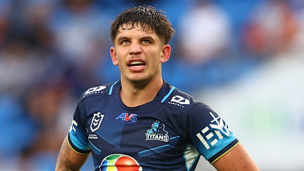 GOLD COAST, AUSTRALIA - MAY 31: Jayden Campbell of the Titans looks on during the round 13 NRL match between Gold Coast Titans and Melbourne Storm at Cbus Super Stadium, on May 31, 2025, in Gold Coast, Australia.