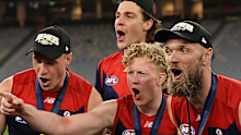 PERTH, AUSTRALIA - SEPTEMBER 25: Clayton Oliver and Max Gawn of the Demons celebrate after winning the 2021 AFL Grand Final match between the Melbourne Demons and the Western Bulldogs at Optus Stadium on September 25, 2021 in Perth, Australia. (Photo by Paul Kane/Getty Images)