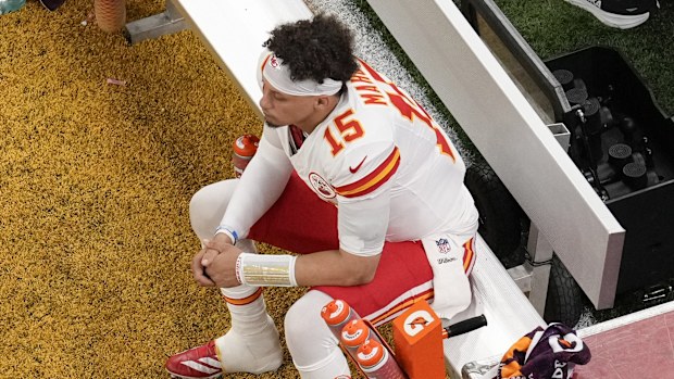Kansas City Chiefs quarterback Patrick Mahomes (15) sits on the bench during the first half of the NFL Super Bowl 59 football game against the Philadelphia Eagles, Sunday, Feb. 9, 2025, in New Orleans. 
