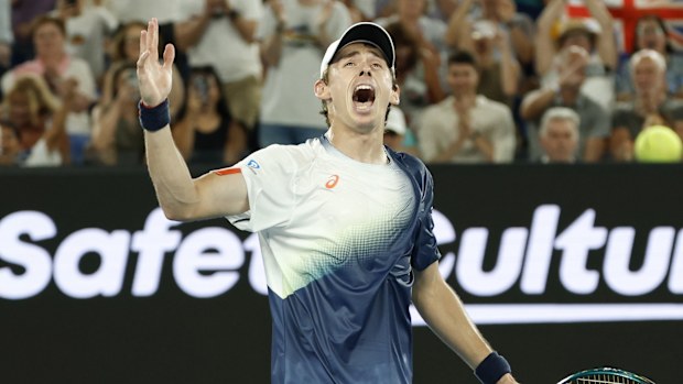 Alex de Minaur of Australia celebrates winning against Botic van de Zandschulp.