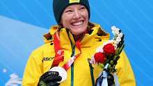 Silver medalist Jaclyn Narracott of Team Australia celebrates during the Women's Skeleton medal ceremony on day eight of Beijing l2022 Winter Olympic Games at National Sliding Centre on February 12, 2022 in Yanqing, China