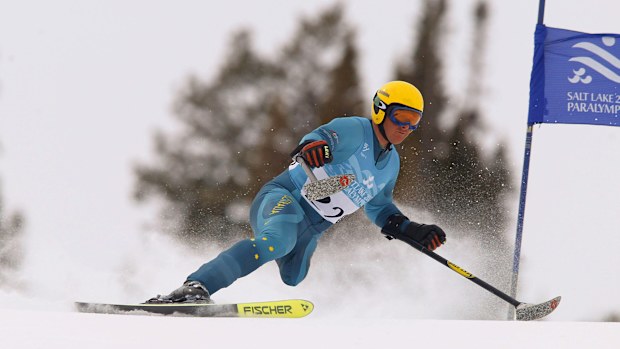 Michael Milton of Australia on his way to gold in the men's LW2 Super-G during the Salt Lake City Winter Paralympic Games.