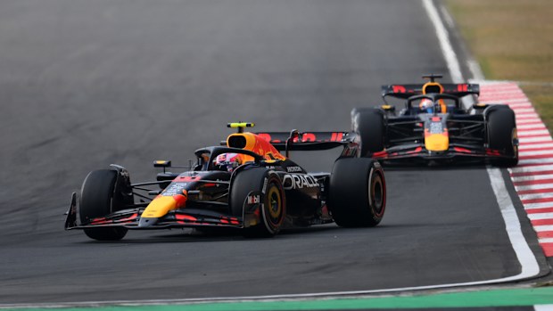 Liam Lawson of New Zealand driving the (30) Oracle Red Bull Racing RB21 leads Max Verstappen of the Netherlands driving the (1) Oracle Red Bull Racing RB21 on track during the F1 Grand Prix of China at Shanghai International Circuit on March 23, 2025 in Shanghai, China. (Photo by Simon Galloway/LAT Images)