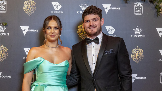 MELBOURNE, AUSTRALIA - SEPTEMBER 18: Danielle Frawley and Angus Brayshaw attend the 2022 Brownlow Medal at Crown Entertainment Complex on September 18, 2022 in Melbourne, Australia. (Photo by Sam Tabone/WireImage)