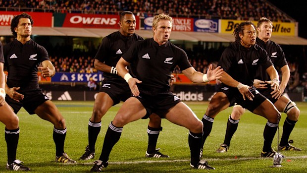 Doug Howlett, Joe Rokocoko, Justin Marshall, Tana Umaga and Ali Williams perform the haka.