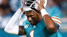 MIAMI GARDENS, FLORIDA - SEPTEMBER 12: Tua Tagovailoa #1 of the Miami Dolphins looks on prior to playing a game against the Buffalo Bills at Hard Rock Stadium on September 12, 2024 in Miami Gardens, Florida. (Photo by Megan Briggs/Getty Images)