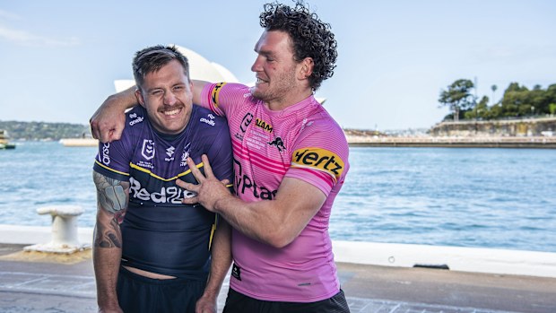 Cameron Munster and Liam Martin pose for a picture together ahead of the 2024 NRL grand final.