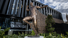 The new Adam Goodes statue was unveiled outside Swans HQ ahead of Sydney's clash with Carlton at SCG