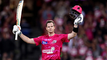 Steve Smith celebrates his century at the SCG.