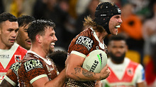 Blake Mozer celebrates his try for the Broncos. 