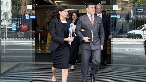 Alan Jones' barrister Gabrielle Bashir SC and instructing solicitor Bryan Wrench leave John Maddison Tower on Thursday