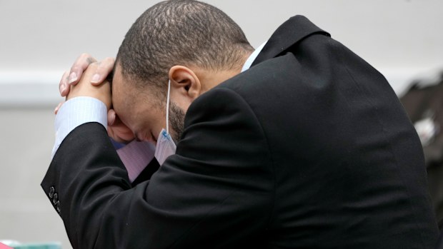 Darrell Brooks reacts as the guilty verdict is read during his trial in a Waukesha County Circuit Court in Waukesha, Wisconsin on Wednesday, October 26, 2022.