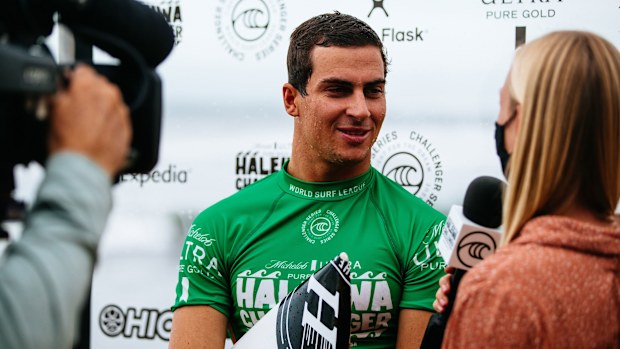 Callum Robson of Australia after surfing in Heat 2 of the Quarterfinals at the Michelob ULTRA Pure Gold Haleiwa Challenger on December 5, 2021 in Haleiwa, Hawaii. (Photo by Tony Heff/World Surf League)